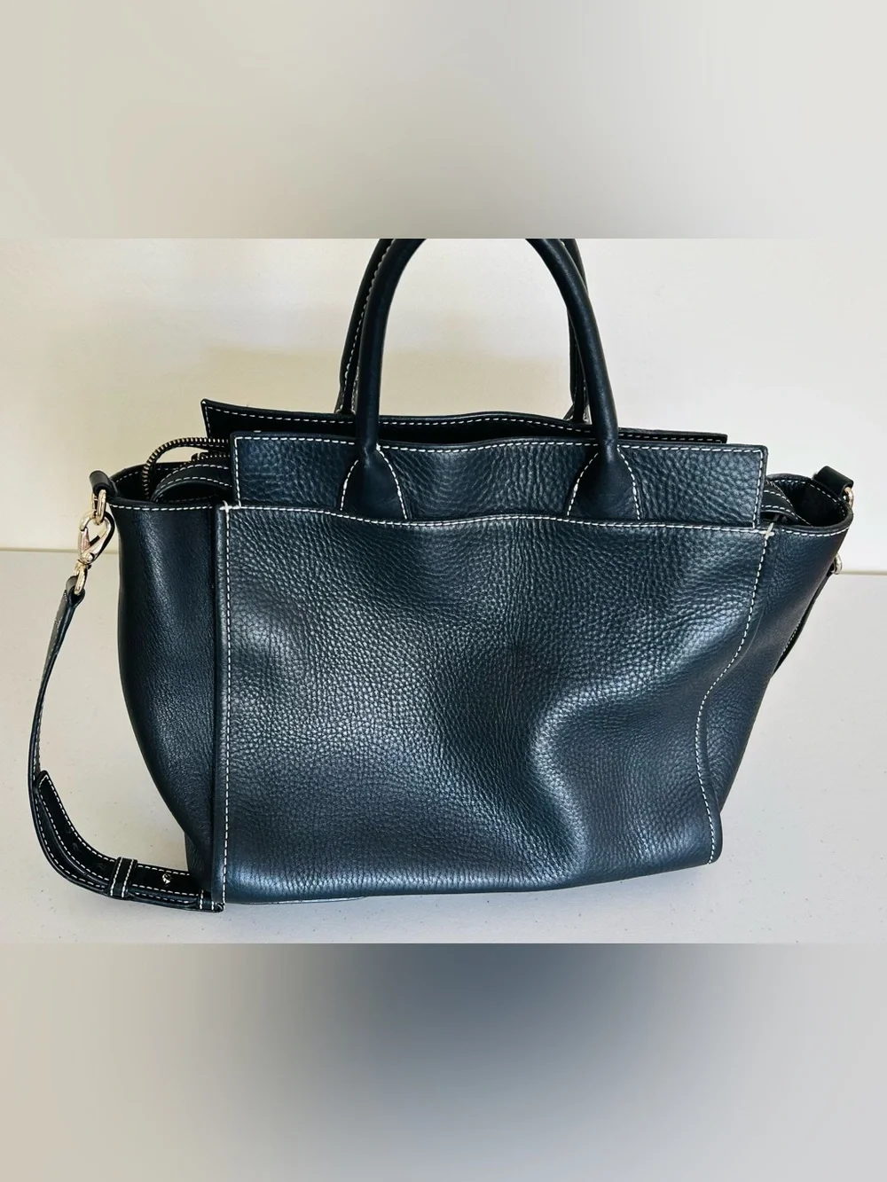 kate spade Black Pebbled Leather Shoulder Bag with White Stitching